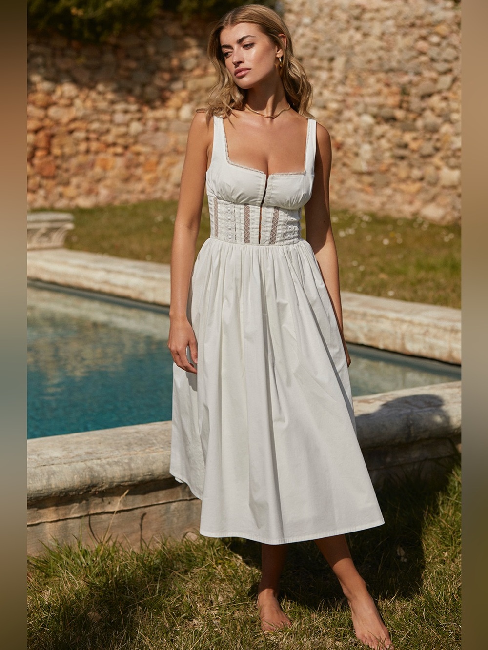 HOUSE OF CB 'Perle' White Lace Trim Midi Dress NWOT